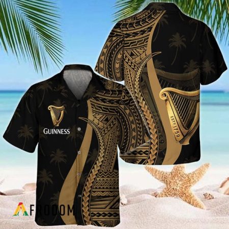 Gold Polynesian Guinness Palm Trees Hawaiian Shirt, Polynesian Tribal Guinness Beer Button Down Aloha Shirt, Guinness Logo Printed Hawaiian Shirt