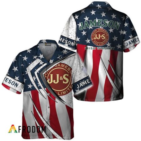 Jameson Whiskey American Flag 3d Hawaiian Shirts, Jameson Whiskey Fourth Of July Aloha Shirt, Jameson Logo Us Flag Button Down Hawaiian Shirt