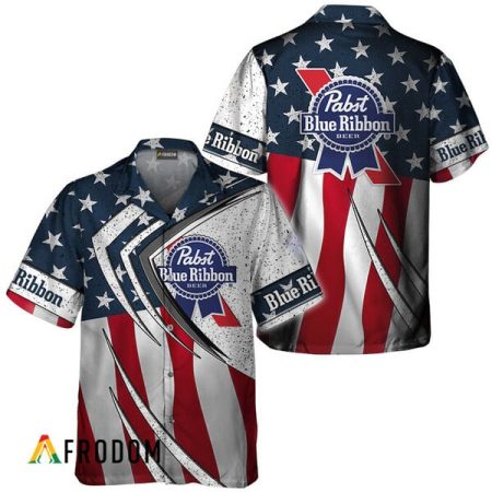 Pabst Blue Ribbon American Flag 3d Hawaiian Shirts, Pbr Beer Fourth Of July Aloha Shirt, Pabst Blue Ribbon Us Flag Button Down Hawaiian Shirt