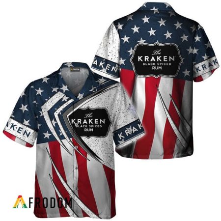 Kraken Rum American Flag 3d Hawaiian Shirts, Kraken Rum Fourth Of July Aloha Shirt, Kraken Rum Logo Us Flag Button Down Hawaiian Shirt