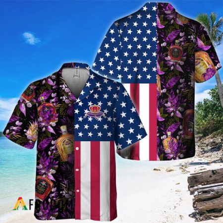 Crown Royal Whisky Us Flag Tropical Flowers Hawaiian Shirt, Crown Royal American Flag Aloha Shirts, Crown Royal Button Down Short Sleeve Shirt
