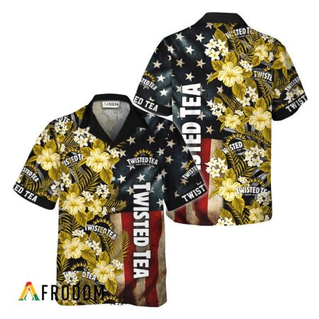 Tropical Flower Twisted Tea American Flag Hawaiian Shirt, Twisted Tea Retro Usa Flag Aloha Shirts, Twisted Tea Button Down Hawaiian Shirt