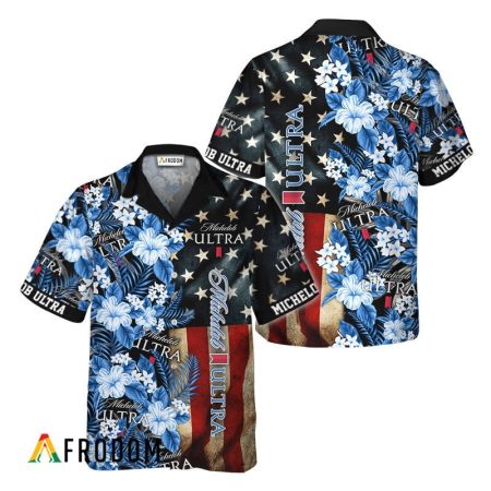 Tropical Flower Michelob Ultra American Flag Hawaiian Shirt, Michelob Ultra Usa Flag Aloha Shirts, Michelob Ultra Button Down Hawaiian Shirt