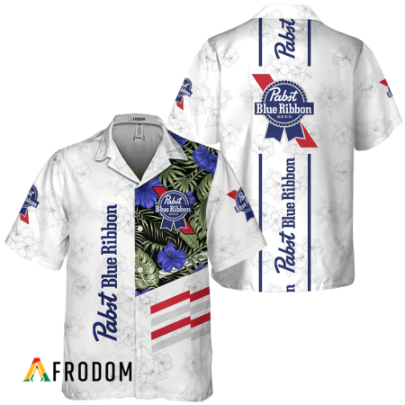 Pabst Blue Ribbon White Tropical Flower Hawaiian Shirt, Pbr Beer Logo Print Aloha Shirts, Pabst Blue Ribbon Button Down Hawaiian Shirt