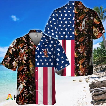 Captain Morgan Us Flag Tropical Flowers Hawaiian Shirt, Captain Morgan American Flag Aloha Shirts, Captain Morgan Button Down Hawaiian Shirt