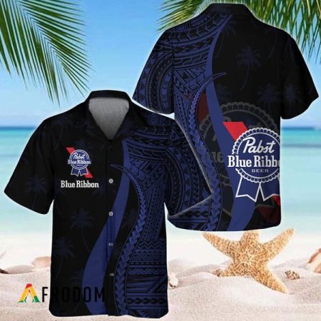 Blue Polynesian Pabst Blue Ribbon Hawaiian Shirt, Polynesian Tribal Pbr Button Down Aloha Shirt, Pbr Beer Polynesian Hawaiian Shirt