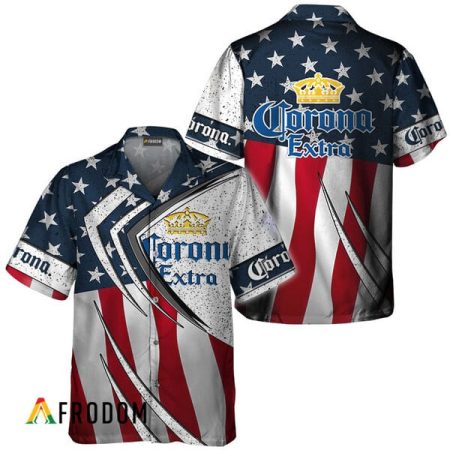 Corona Extra American Flag 3d Hawaiian Shirts, Corona Extra Fourth Of July Aloha Shirt, Corona Extra Logo Us Flag Button Down Hawaiian Shirt