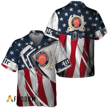 Miller Lite Beer American Flag 3d Hawaiian Shirts, Miller Lite Fourth Of July Aloha Shirt, Miller Lite Logo Us Flag Button Down Hawaiian Shirt