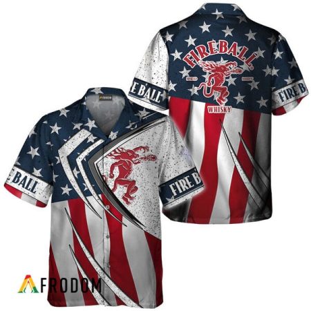 Fireball Whisky American Flag 3d Hawaiian Shirts, Fireball Whisky Fourth Of July Aloha Shirt, Fireball Whisky Us Flag Button Down Hawaiian Shirt