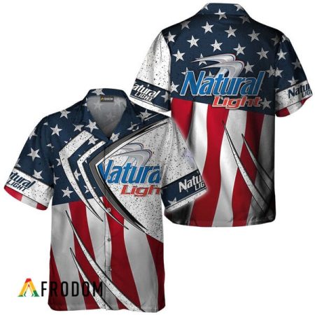 Natural Light American Flag 3d Hawaiian Shirts, Natural Light Fourth Of July Aloha Shirt, Natural Light Logo Us Flag Button Down Hawaiian Shirt