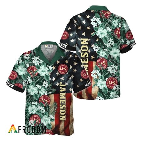 Vintage Tropical Flower Jameson American Flag Hawaiian Shirt, Jameson Whiskey Usa Flag Aloha Shirts, Jameson Whiskey Button Down Hawaiian Shirt
