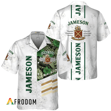 Jameson Whiskey White Tropical Flower Hawaiian Shirt, Jameson Whiskey Logo Print Aloha Shirt, Jameson Whiskey Button Down Short Sleeve Shirt