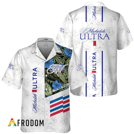 Michelob Ultra Beer White Tropical Flower Hawaiian Shirt, Michelob Ultra Logo Print Aloha Shirt, Michelob Ultra Button Down Short Sleeve Shirt