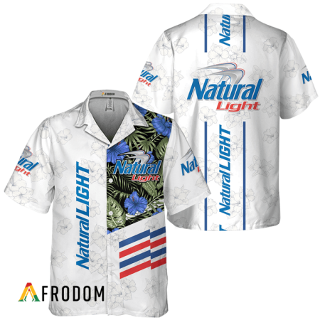 Natural Light Beer White Tropical Flower Hawaiian Shirt, Natural Light Beer Logo Print Aloha Shirt,natural Light Button Down Short Sleeve Shirt
