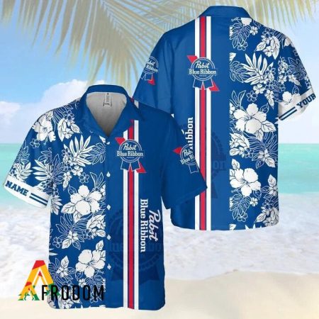 Personalized Tropical Flowers Pabst Blue Ribbon Stripe Hawaiian Shirt, Pabst Blue Ribbon Aloha Shirts, Pbr Beer Short Sleeve Hawaiian Shirt
