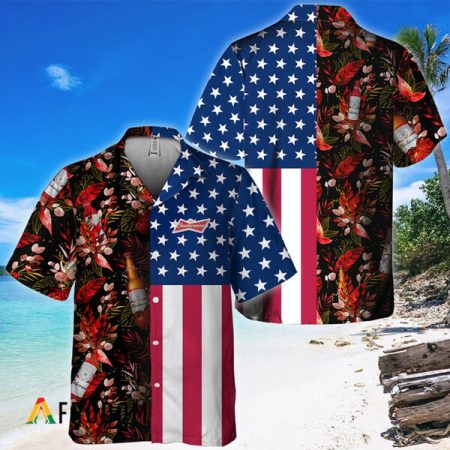Budweiser Beer Us Flag Tropical Flowers Hawaiian Shirt, Budweiser American Flag Aloha Shirts, Budweiser Beer Button Down Short Sleeve Shirt