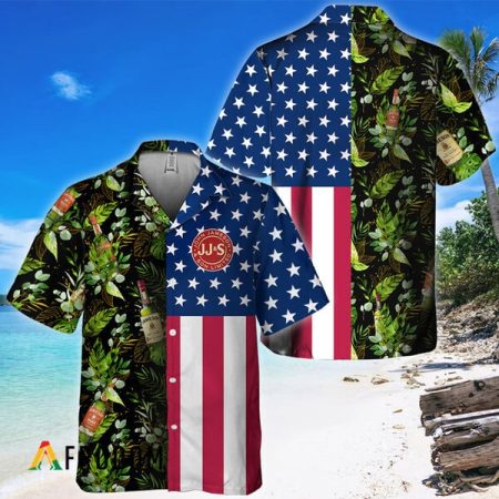 Jameson Whiskey Us Flag Tropical Flowers Hawaiian Shirt, Jameson Whiskey American Flag Aloha Shirts, Jameson Button Down Short Sleeve Shirt