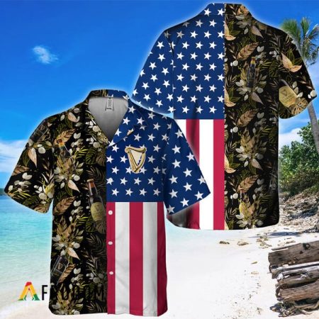 Guinness Beer Us Flag Tropical Flowers Hawaiian Shirt, Guinness Beer American Flag Aloha Shirts, Guinness Beer Button Down Hawaiian Shirt