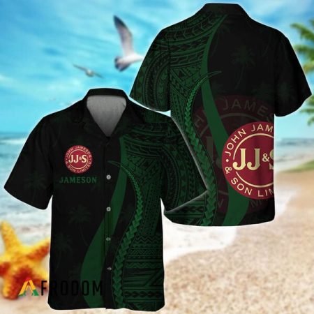 Green Polynesian Jameson Whiskey Hawaiian Shirt, Polynesian Tribal Jameson Button Down Aloha Shirt, Jameson Whiskey Polynesian Hawaiian Shirt
