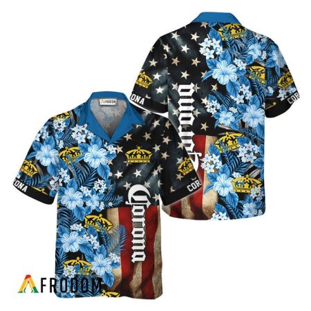 Tropical Flower Corona Extra American Flag Hawaiian Shirt, Corona Extra Usa Flag Retro Aloha Shirts, Corona Extra Beer Button Down Hawaiian Shirt