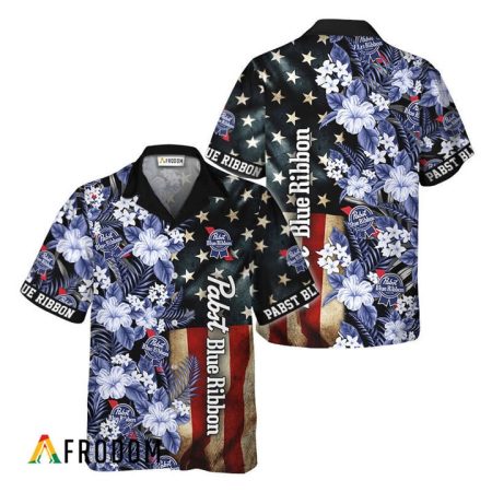 Tropical Flower Pabst Blue Ribbon American Flag Hawaiian Shirt, Pabst Blue Ribbon Usa Flag Aloha Shirts, Pbr Beer Button Down Hawaiian Shirt