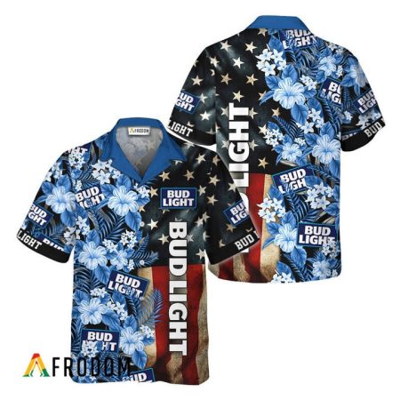 Vintage Tropical Flower Bud Light American Flag Hawaiian Shirt, Bud Light Beer Usa Flag Aloha Shirts, Bud Light Button Down Hawaiian Shirt