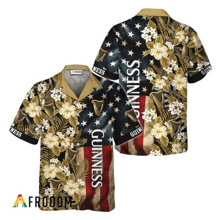 Vintage Tropical Flower Guinness American Flag Hawaiian Shirt, Guinness Beer Usa Flag Aloha Shirts, Guinness Beer Button Down Hawaiian Shirt