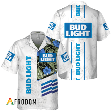 Bud Light Beer White Tropical Flower Hawaiian Shirt, Bud Light Beer Logo Print Aloha Shirt, Bud Light Button Down Short Sleeve Shirt
