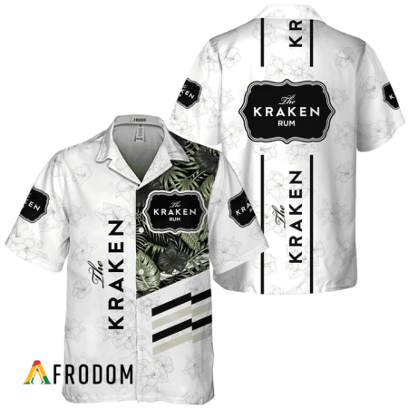 Kraken Rum White Tropical Flower Hawaiian Shirt, Kraken Rum Logo Print Aloha Shirts, Kraken Rum Button Down Short Sleeve Hawaiian Shirt