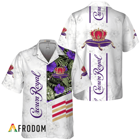 Crown Royal White Purple Tropical Flower Hawaiian Shirt, Crown Royal Logo Print Aloha Shirt, Crown Royal Button Down Short Sleeve Shirt