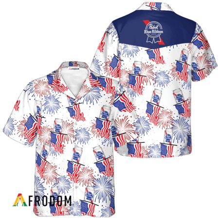 Pabst Blue Ribbon American Flag Fireworks Hawaiian Shirt, Pbr Beer Independence Day Aloha Shirt, Pabst Blue Ribbon 4th Of July Hawaiian Shirts