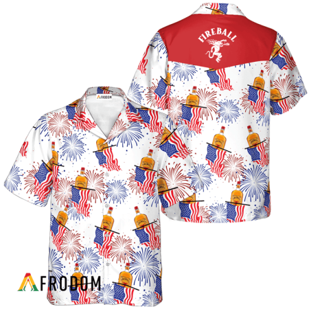 Fireball Whisky American Flag Fireworks Hawaiian Shirt, Fireball Whisky Independence Day Aloha Shirt, Fireball Whisky 4th Of July Hawaiian Shirt