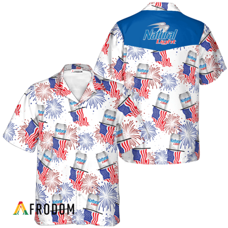 Natural Light American Flag Fireworks Hawaiian Shirt, Natural Light Independence Day Aloha Shirt, Natural Light 4th Of July Hawaiian Shirt