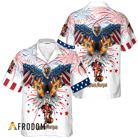 Captain Morgan American Eagle Fireworks Hawaiian Shirt, Captain Morgan Independence Day Hawaiian Shirt, Captain Morgan 4th Of July Hawaiian Shirt