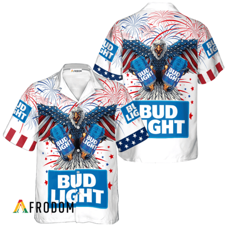 Bud Light Beer American Eagle Fireworks Hawaiian Shirt, Bud Light Independence Day Hawaiian Shirt, Bud Light Beer 4th Of July Hawaiian Shirt
