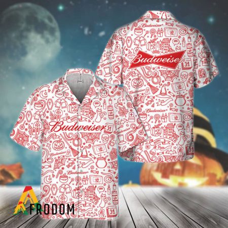 Red Doodle Art Budweiser Beer Hawaiian Shirt, Budweiser Beer Logo Doodle Art Button Down Shirt, Budweiser Doodle Art Summer Hawaiian Shirt