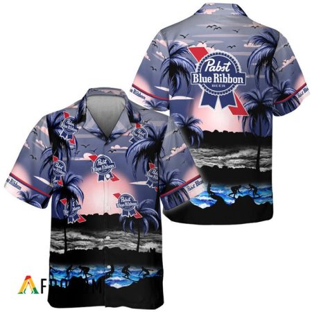 Pabst Blue Ribbon Tropical Beach Surf Palm Tree Hawaiian Shirt, Pabst Blue Ribbon Beer Aloha Shirts, Pbr Beer Short Sleeve Hawaiian Shirt