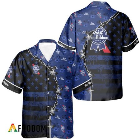 Pabst Blue Ribbon American Flag Tropical Split 3d Hawaiian Shirt, Pabst Blue Ribbon Aloha Shirts, Pbr Beer Short Sleeve Hawaiian Shirt