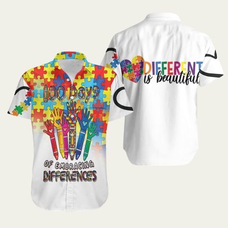 100 days of embracing differences raise hands autism support hawaiian shirt
