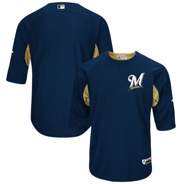 Milwaukee Brewers Majestic Collection On-Field 3/4-Sleeve Batting Practice Jersey – Navy/Gold –