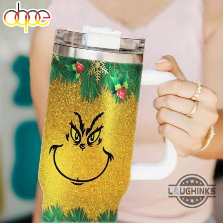 The Grinch Face Yellow Faux Glitter Cups The Grinch Who Stole Christmas 40 Ounce Xmas Travel Mugs Merry Grinchmas Printed 30oz or 40oz Quencher Tumbler LN