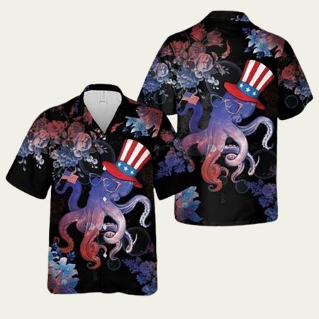 4Th Of July Octopus Celebrates Flower Black Hawaiian Shirt
