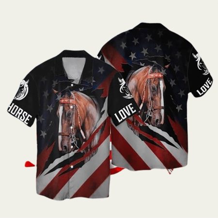 4Th Of July Independence Day Love Horse American Flag Hawaiian Shirt