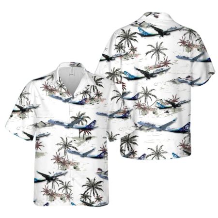 Alaska Airlines Boeing 737-800 Coconut Trees White Pattern Hawaiian Shirt
