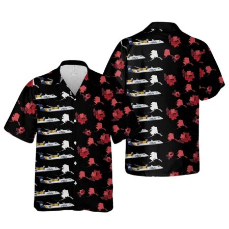 Alaska Airlines Q400 MSU Red Flowers Black Pattern Hawaiian Shirt