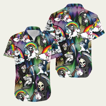 Aloha grim reaper riding a unicorn hawaiian shirt