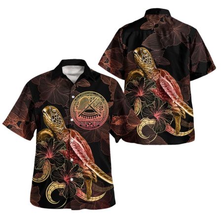 American Samoa Seal With Turtle Blooming Hibiscus Gold Hawaiian Shirt