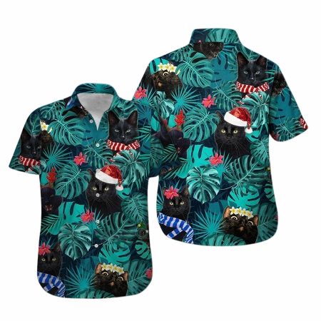Back cat and santa who loves back cat on christmas time hawaiian shirt
