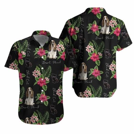 Basset hound black cat hawaiian shirt