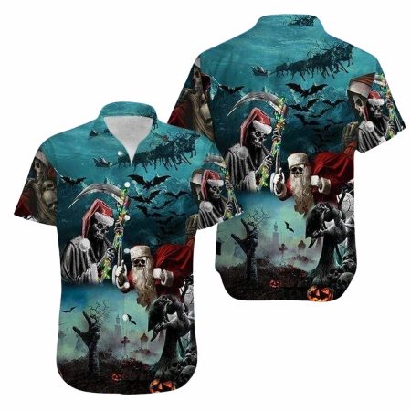 Beach find christmas santa claus skull hawaiian shirt
